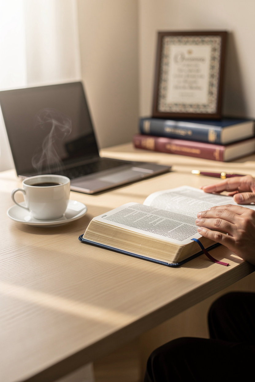 Bureau met een open boek en een kopje koffie, symbool voor persoonlijk contact met Bijbelse Bron christelijke cadeauwinkel Friesland