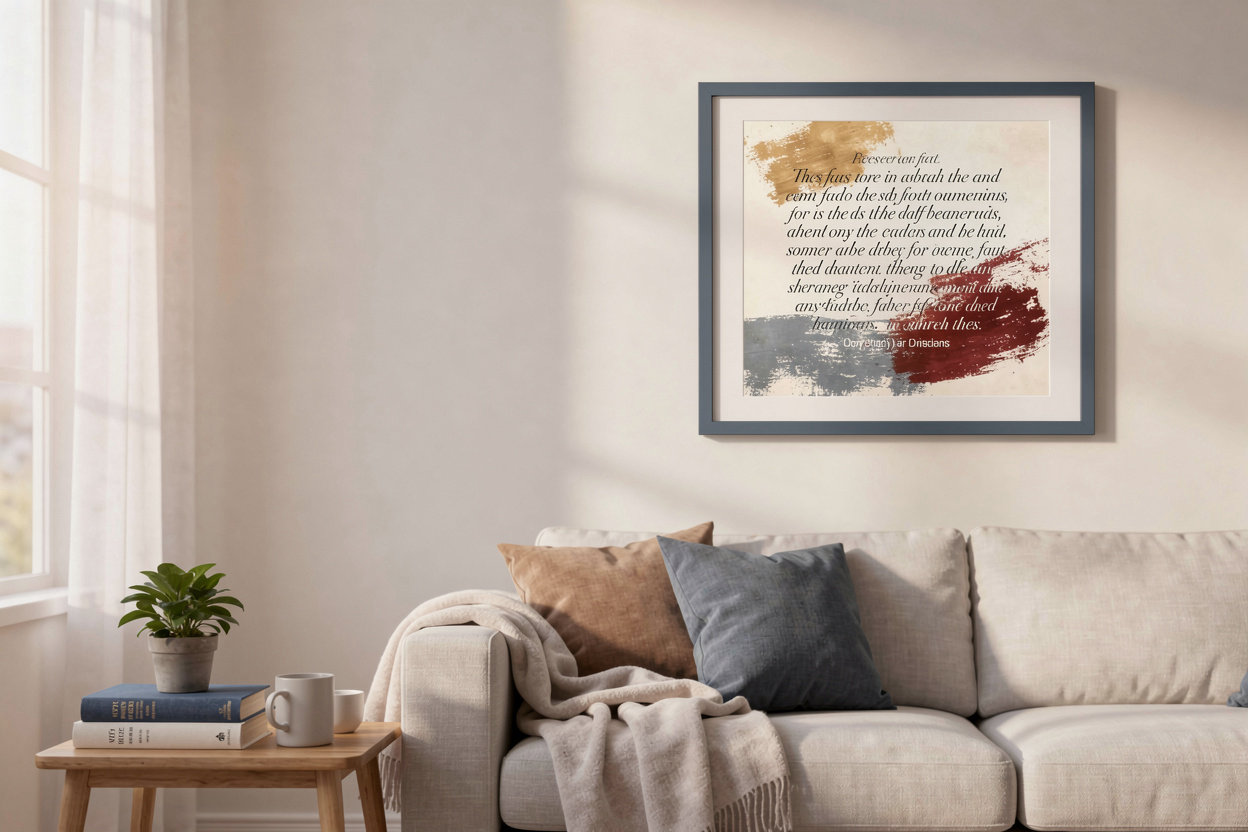 Bijbelse Bron bijbeltekst op frame met achtergrond als christelijke muurdecoratie in een warme woonkamer in Friesland